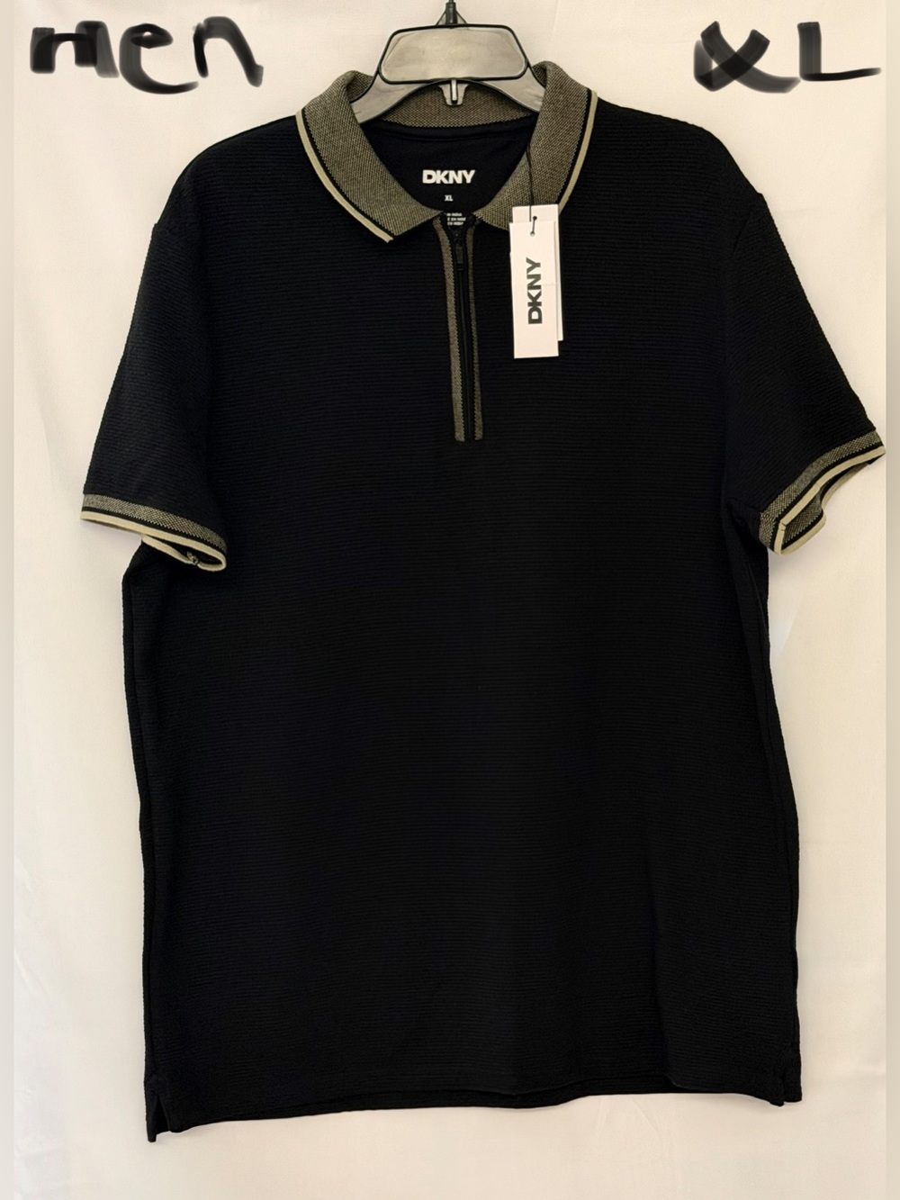 DKNY Black Polo with Olive Trim and Zip Collar